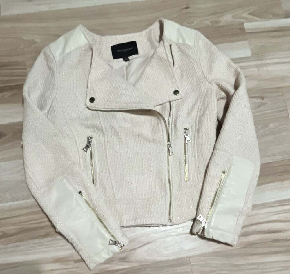 Banana Republic Cream Tweed Moto Jacket with Faux Leather Trim Size 2